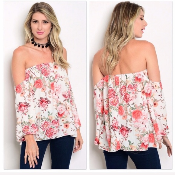 Lavender Moon Tops - Floral Off Shoulder Top With Sleeves